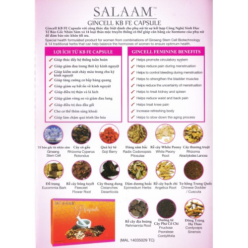 SALAAM GINCELL FEMININE CAPSULE cải thiện nội tiết và sinh lý cho nữ, phục hồi và kéo dài xuân sắc